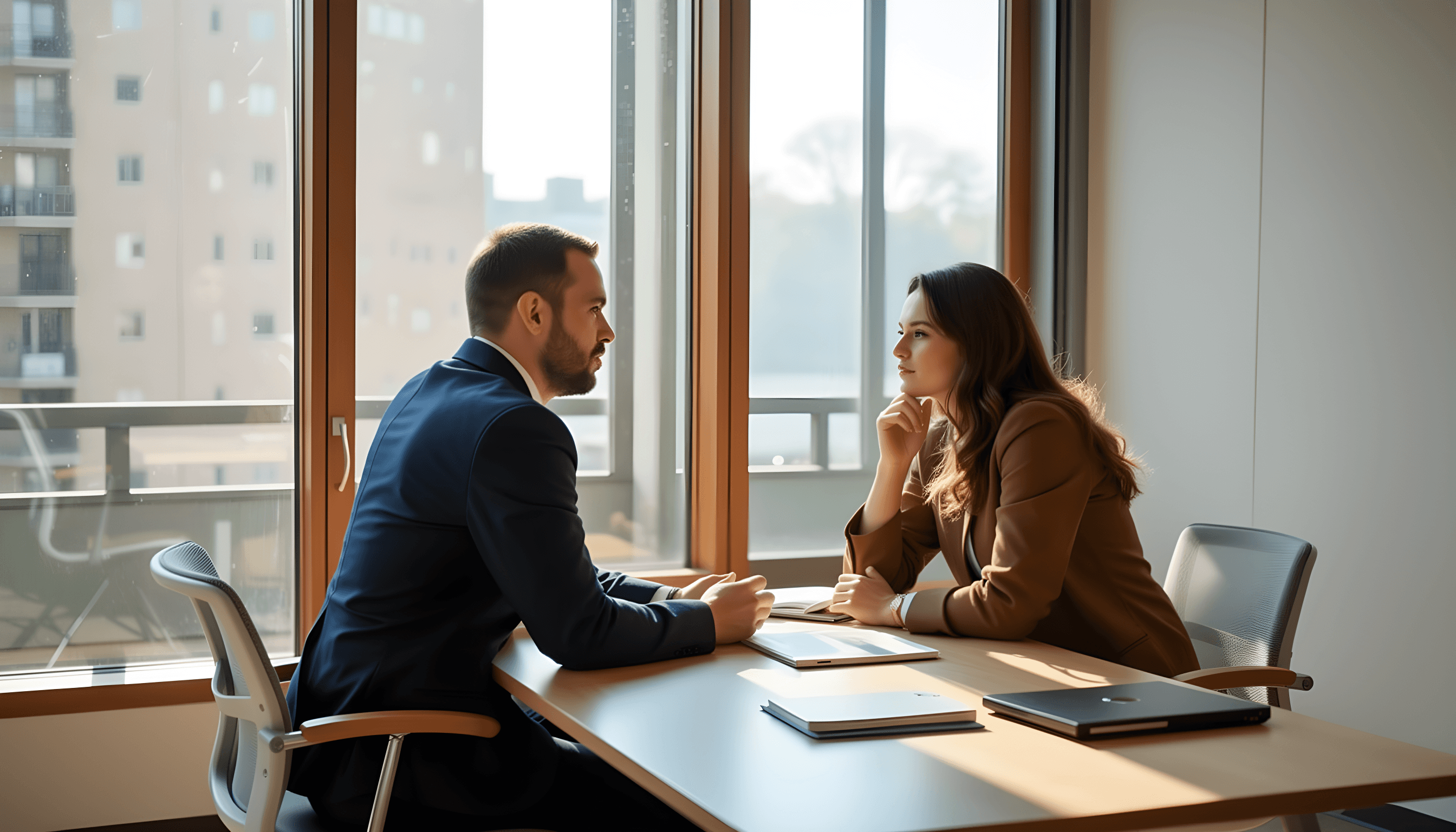 Two people talking in an office